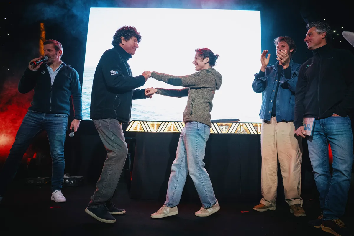 LES SABLES D'OLONNE, FRANCE - FEBRUARY 05, 2025 : Tout Commence en Finistère - Armor Lux skipper Jean le Cam (FRA), MACSF skipper Isabelle Joschke (GER-FRA), Prysmian skipper Giancarlo Pedote (ITA) and Monnoyeur - DUO for a JOB skipper Benjamin Ferré (FRA), are photographed at the Skippers Finishers Club of the Vendee Globe, on February 05, 2025 in Les Sables d'Olonne, France - (Photo by Vincent Curutchet / Alea)
