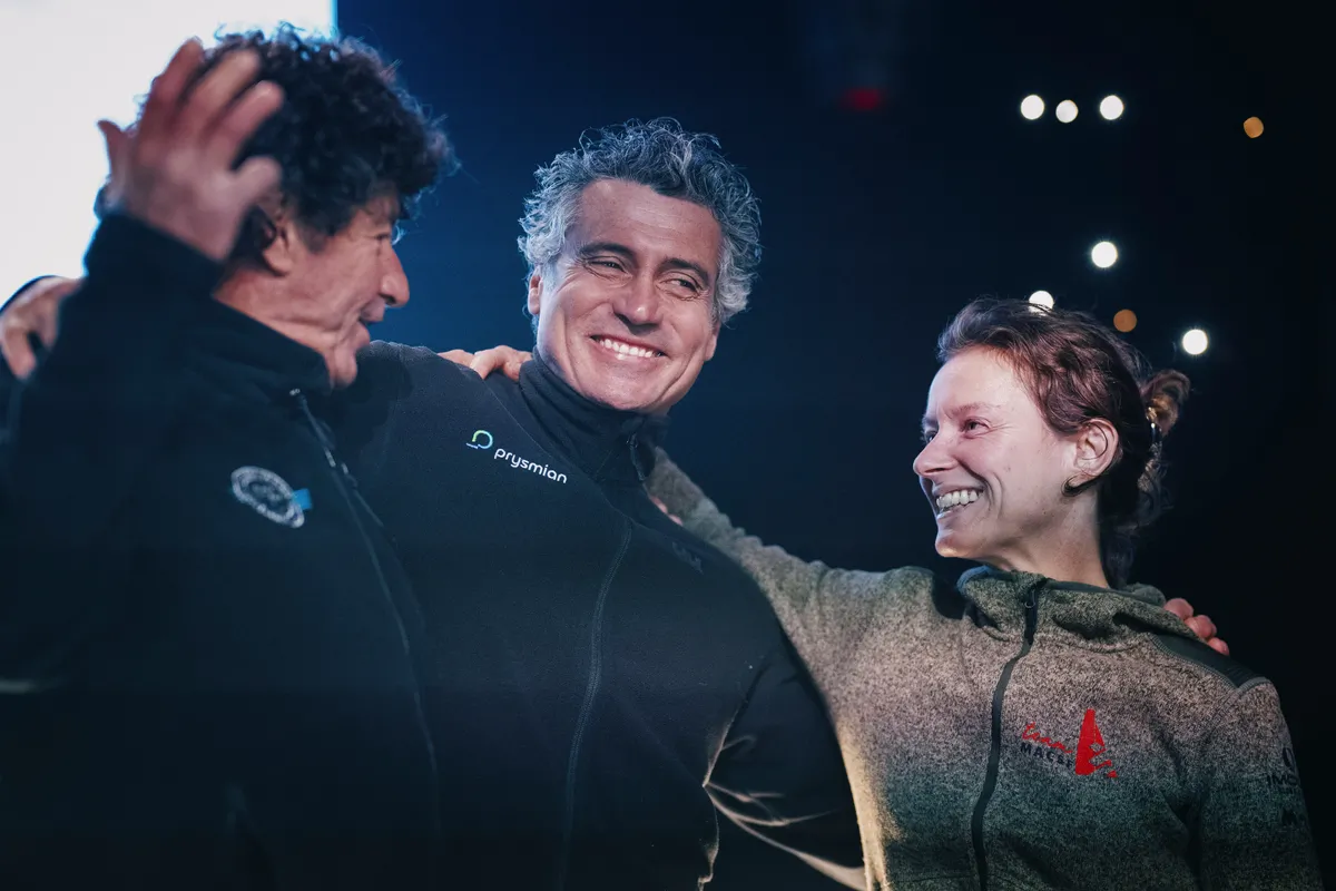 LES SABLES D'OLONNE, FRANCE - FEBRUARY 05, 2025 : Tout Commence en Finistère - Armor Lux skipper Jean le Cam (FRA), MACSF skipper Isabelle Joschke (GER-FRA), Prysmian skipper Giancarlo Pedote (ITA) are photographed at the Skippers Finishers Club of the Vendee Globe, on February 05, 2025 in Les Sables d'Olonne, France - (Photo by Vincent Curutchet / Alea)
