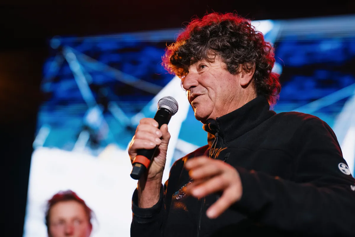 LES SABLES D'OLONNE, FRANCE - FEBRUARY 05, 2025 : Tout Commence en Finistère - Armor Lux skipper Jean le Cam (FRA), MACSF skipper Isabelle Joschke (GER-FRA), Prysmian skipper Giancarlo Pedote (ITA) and Monnoyeur - DUO for a JOB skipper Benjamin Ferré (FRA), are photographed at the Skippers Finishers Club of the Vendee Globe, on February 05, 2025 in Les Sables d'Olonne, France - (Photo by Vincent Curutchet / Alea)