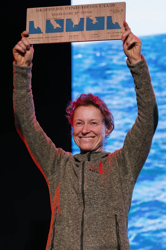 LES SABLES D'OLONNE, FRANCE - FEBRUARY 05, 2025 : Tout Commence en Finistère - Armor Lux skipper Jean le Cam (FRA), MACSF skipper Isabelle Joschke (GER-FRA), Prysmian skipper Giancarlo Pedote (ITA) and Monnoyeur - DUO for a JOB skipper Benjamin Ferré (FRA), are photographed at the Skippers Finishers Club of the Vendee Globe, on February 05, 2025 in Les Sables d'Olonne, France - (Photo by Vincent Curutchet / Alea)