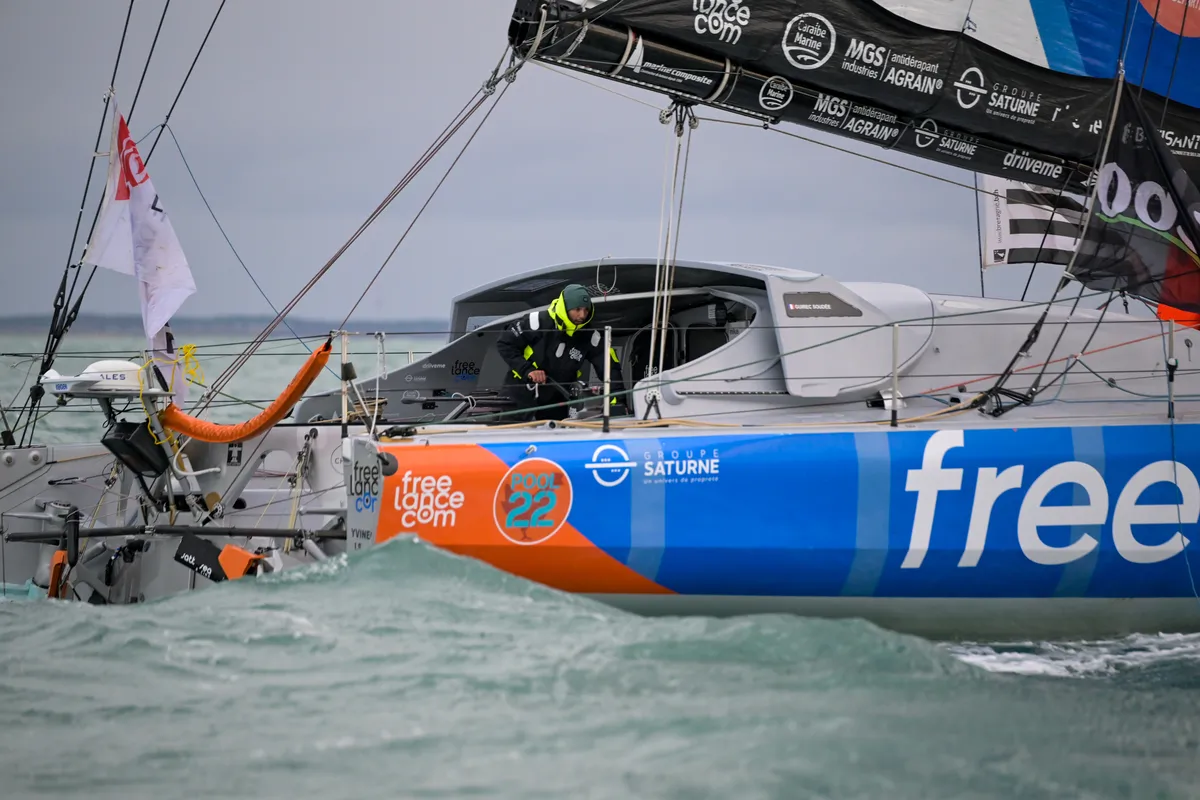 LES SABLES D’OLONNE, FRANCE - FEBRUARY 08, 2025 : Freelance.com skipper Guirec Soudée (FRA) is photographed taking 23rd place in the Vendee Globe, on February 08, 2025 in Les Sables d'Olonne, France - (Photo by Olivier Blanchet / Alea)