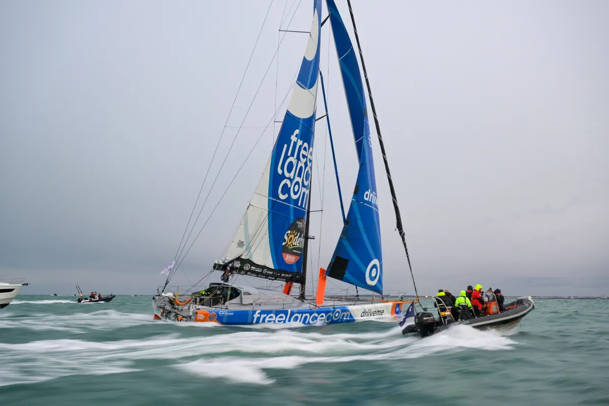 LES SABLES D’OLONNE, FRANCE - FEBRUARY 08, 2025 : Freelance.com skipper Guirec Soudée (FRA) is photographed taking 23rd place in the Vendee Globe, on February 08, 2025 in Les Sables d'Olonne, France - (Photo by Olivier Blanchet / Alea)