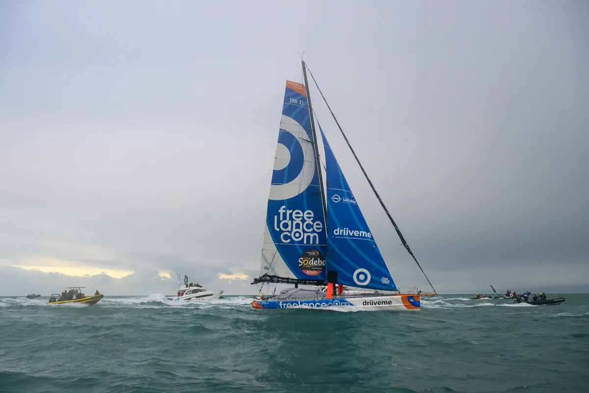 LES SABLES D’OLONNE, FRANCE - FEBRUARY 08, 2025 : Freelance.com skipper Guirec Soudée (FRA) is photographed taking 23rd place in the Vendee Globe, on February 08, 2025 in Les Sables d'Olonne, France - (Photo by Olivier Blanchet / Alea)