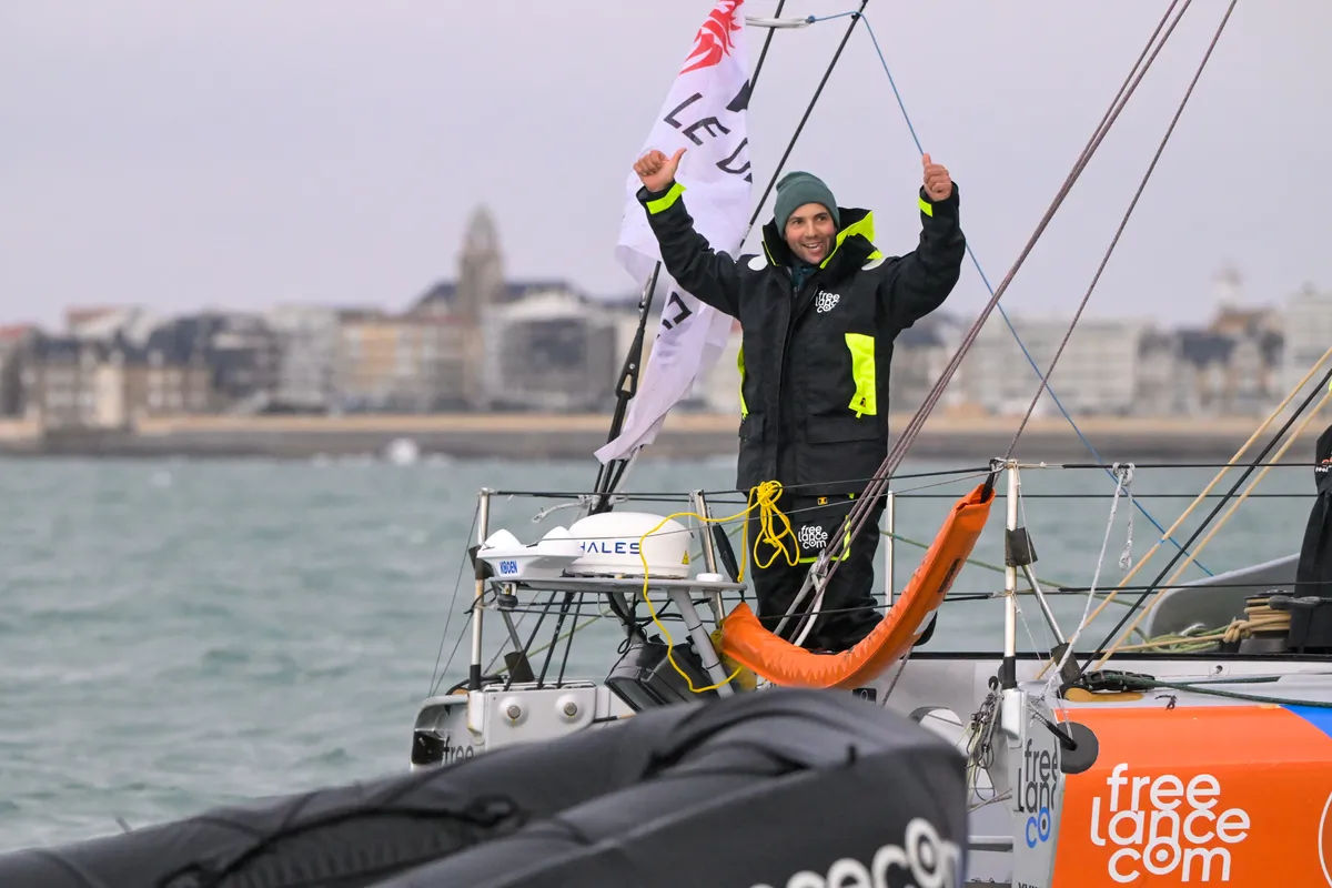 LES SABLES D’OLONNE, FRANCE - FEBRUARY 08, 2025 : Freelance.com skipper Guirec Soudée (FRA) is celebrating taking 23rd place in the Vendee Globe, on February 08, 2025 in Les Sables d'Olonne, France - (Photo by Olivier Blanchet / Alea)