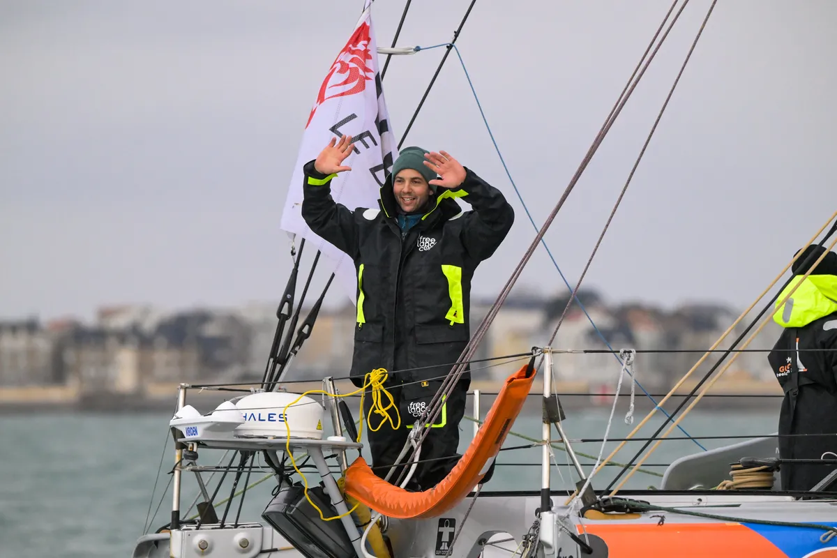 LES SABLES D’OLONNE, FRANCE - FEBRUARY 08, 2025 : Freelance.com skipper Guirec Soudée (FRA) is celebrating taking 23rd place in the Vendee Globe, on February 08, 2025 in Les Sables d'Olonne, France - (Photo by Olivier Blanchet / Alea)