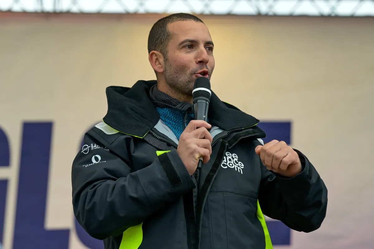 LES SABLES D’OLONNE, FRANCE - FEBRUARY 08, 2025 : Freelance.com skipper Guirec Soudée (FRA) is photographed on stage after taking 23rd place in the Vendee Globe, on February 08, 2025 in Les Sables d'Olonne, France - (Photo by Olivier Blanchet / Alea)