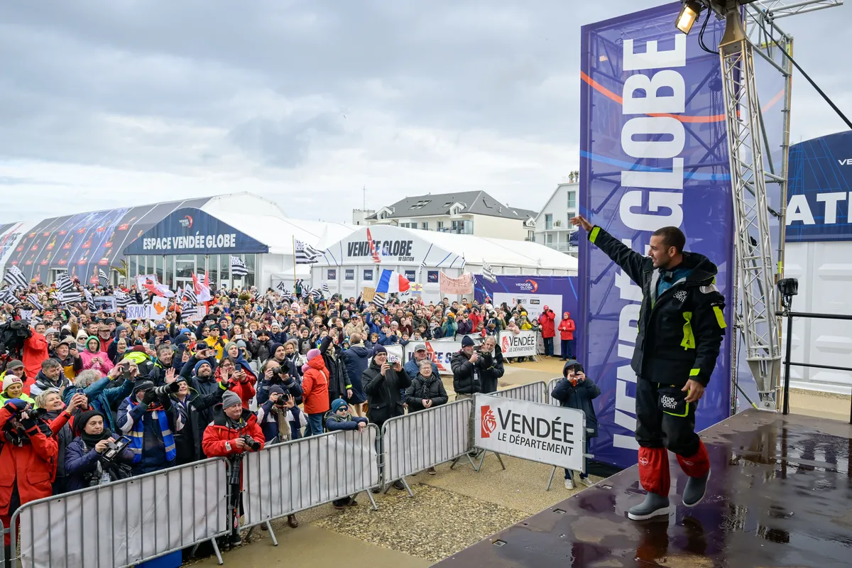 LES SABLES D’OLONNE, FRANCE - FEBRUARY 08, 2025 : Freelance.com skipper Guirec Soudée (FRA) is photographed on stage after taking 23rd place in the Vendee Globe, on February 08, 2025 in Les Sables d'Olonne, France - (Photo by Olivier Blanchet / Alea)