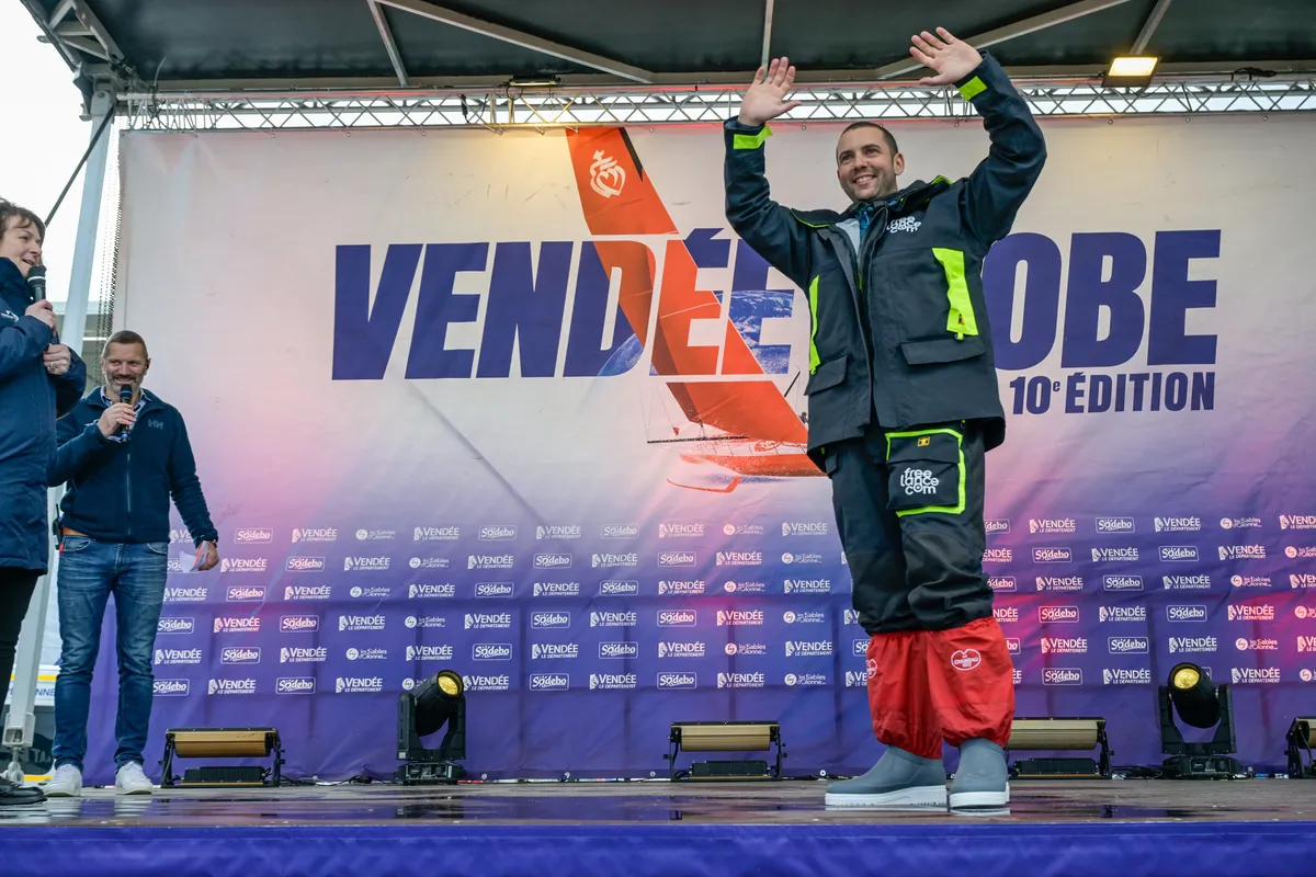 LES SABLES D’OLONNE, FRANCE - FEBRUARY 08, 2025 : Freelance.com skipper Guirec Soudée (FRA) is photographed on stage after taking 23rd place in the Vendee Globe, on February 08, 2025 in Les Sables d'Olonne, France - (Photo by Olivier Blanchet / Alea)