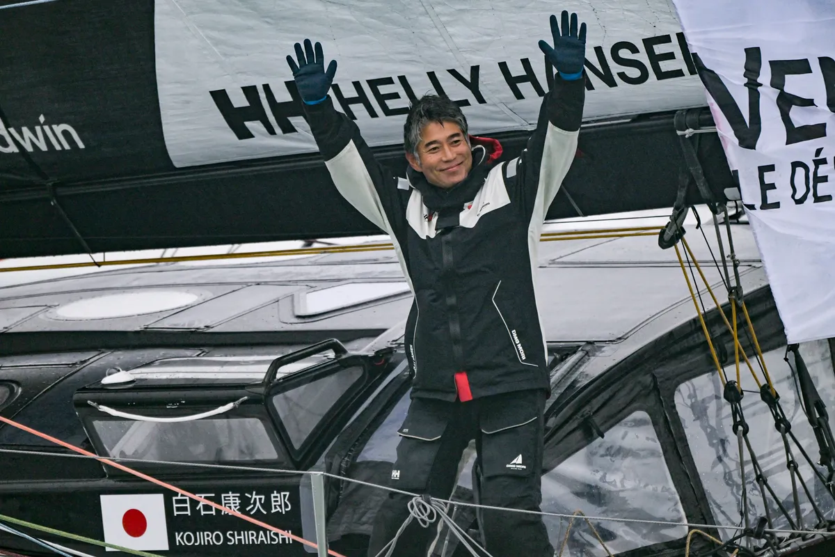 LES SABLES D'OLONNE, FRANCE - 09 FEVRIER 2025 : Le skipper de DMG MORI Global One Kojiro Shiraishi (JAP) est photographié après avoir pris la 24ème place du Vendée Globe, le 09 février 2025 aux Sables d'Olonne, France - (Photo by Olivier Blanchet / Alea)
