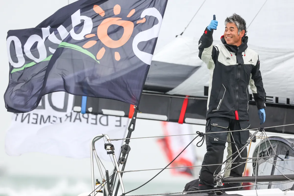 LES SABLES D'OLONNE, FRANCE - 09 FEVRIER 2025 : Le skipper de DMG MORI Global One Kojiro Shiraishi (JAP) est photographié après avoir pris la 24e place du Vendée Globe, le 09 février 2025 aux Sables d'Olonne, France - (Photo by Jean-Marie Liot / Alea)