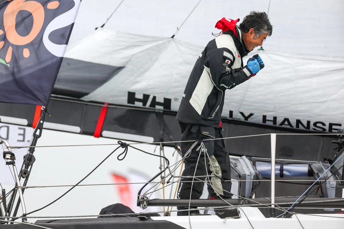 LES SABLES D'OLONNE, FRANCE - 09 FEVRIER 2025 : Le skipper de DMG MORI Global One Kojiro Shiraishi (JAP) est photographié après avoir pris la 24e place du Vendée Globe, le 09 février 2025 aux Sables d'Olonne, France - (Photo by Jean-Marie Liot / Alea)