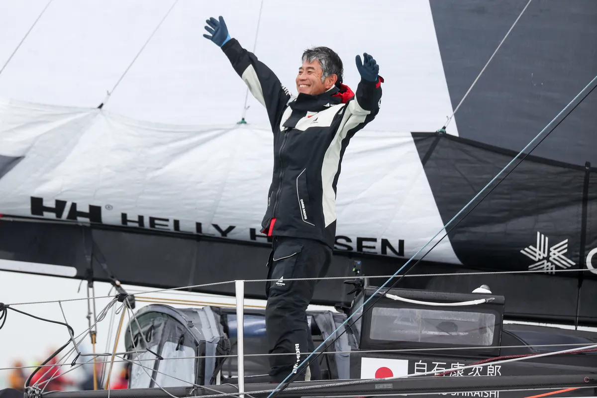 LES SABLES D'OLONNE, FRANCE - 09 FEVRIER 2025 : Le skipper de DMG MORI Global One Kojiro Shiraishi (JAP) est photographié après avoir pris la 24e place du Vendée Globe, le 09 février 2025 aux Sables d'Olonne, France - (Photo by Jean-Marie Liot / Alea)