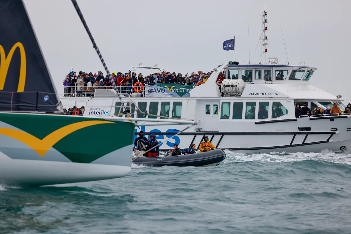 LES SABLES D’OLONNE, FRANCE - FEBRUARY 09, 2025 : DeVenir skipper Violette Dorange (FRA) is congratulated by friends and partners while taking 25th place in the Vendee Globe, on February 09, 2025 in Les Sables d'Olonne, France - (Photo by Anne Beauge / Alea)