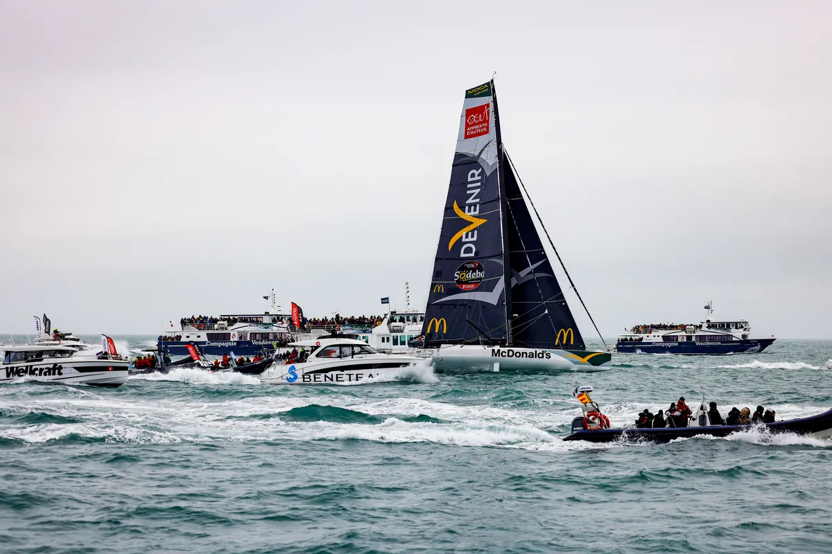 LES SABLES D’OLONNE, FRANCE - FEBRUARY 09, 2025 : DeVenir skipper Violette Dorange (FRA) is photographed after taking 25th place in the Vendee Globe, on February 09, 2025 in Les Sables d'Olonne, France - (Photo by Anne Beauge / Alea)