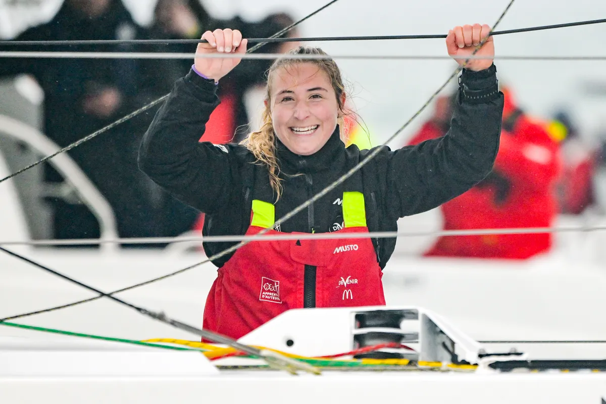 LES SABLES D’OLONNE, FRANCE - FEBRUARY 09, 2025 : DeVenir skipper Violette Dorange (FRA) is photographed after taking 25th place in the Vendee Globe, on February 09, 2025 in Les Sables d'Olonne, France - (Photo by Olivier Blanchet / Alea)