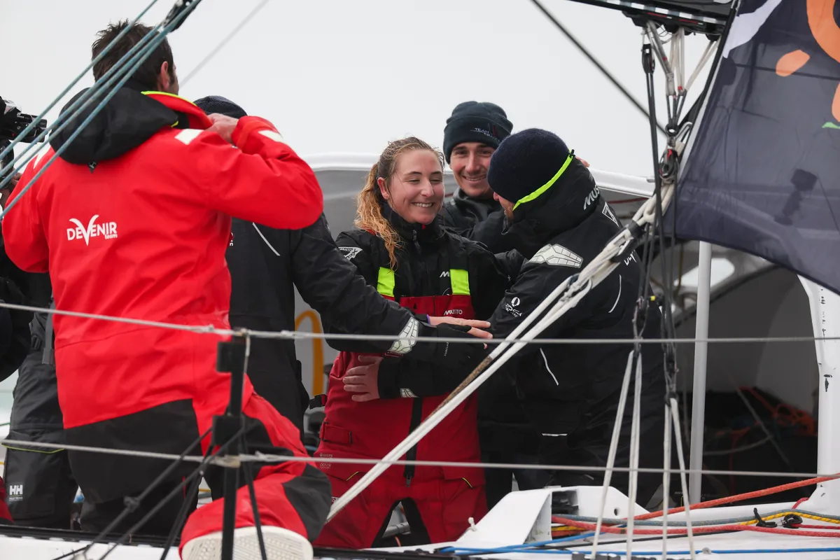 LES SABLES D’OLONNE, FRANCE - FEBRUARY 09, 2025 : DeVenir skipper Violette Dorange (FRA) is celebrating with her team taking 25th place in the Vendee Globe, on February 09, 2025 in Les Sables d'Olonne, France - (Photo by Jean-Marie Liot / Alea)