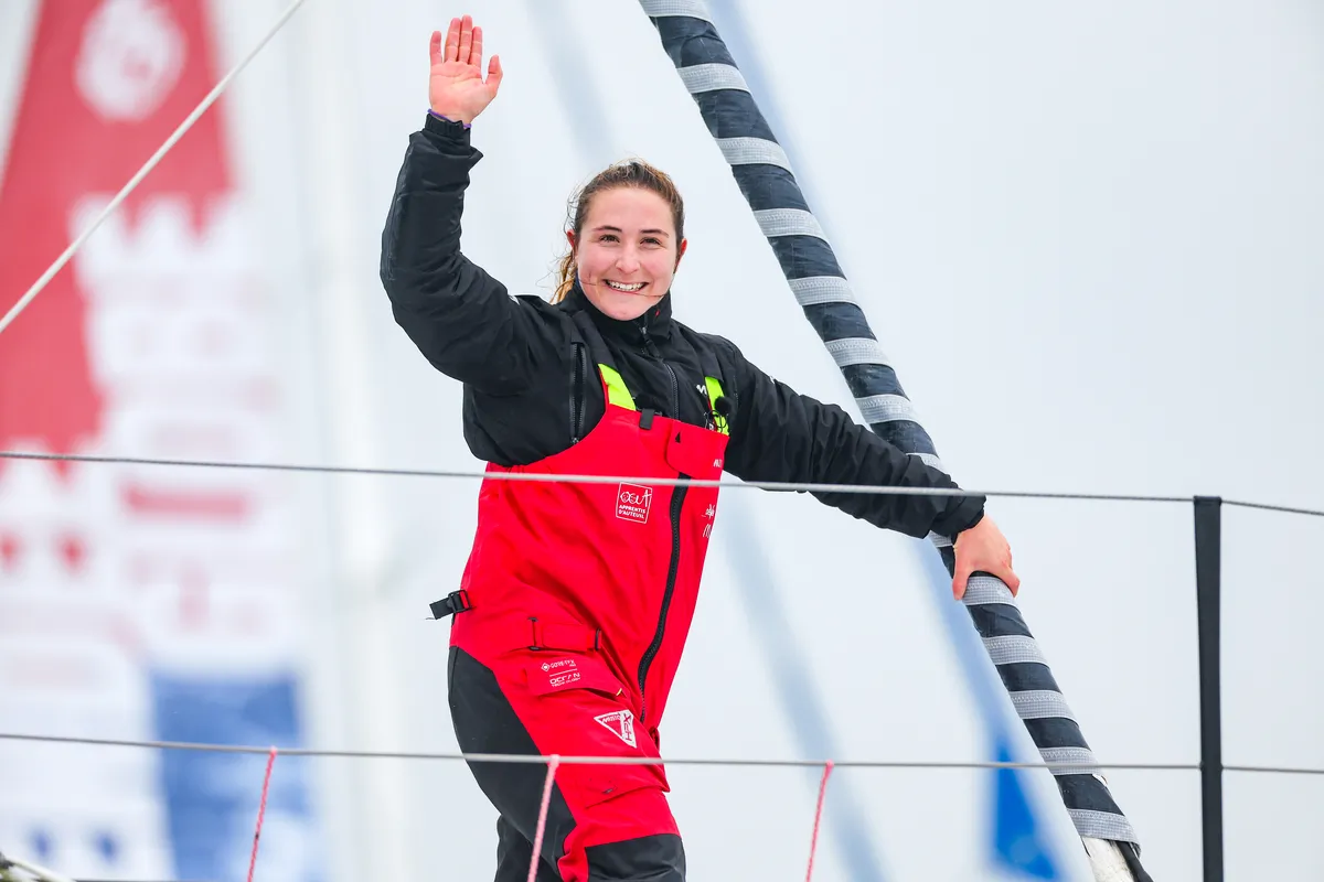 LES SABLES D’OLONNE, FRANCE - FEBRUARY 09, 2025 : DeVenir skipper Violette Dorange (FRA) is photographed after taking 25th place in the Vendee Globe, on February 09, 2025 in Les Sables d'Olonne, France - (Photo by Jean-Marie Liot / Alea)