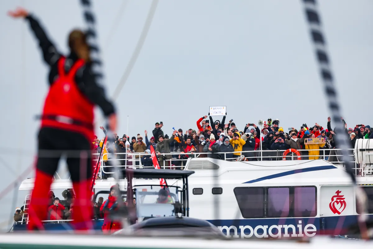 LES SABLES D’OLONNE, FRANCE - FEBRUARY 09, 2025 : DeVenir skipper Violette Dorange (FRA) is photographed after taking 25th place in the Vendee Globe, on February 09, 2025 in Les Sables d'Olonne, France - (Photo by Jean-Marie Liot / Alea)