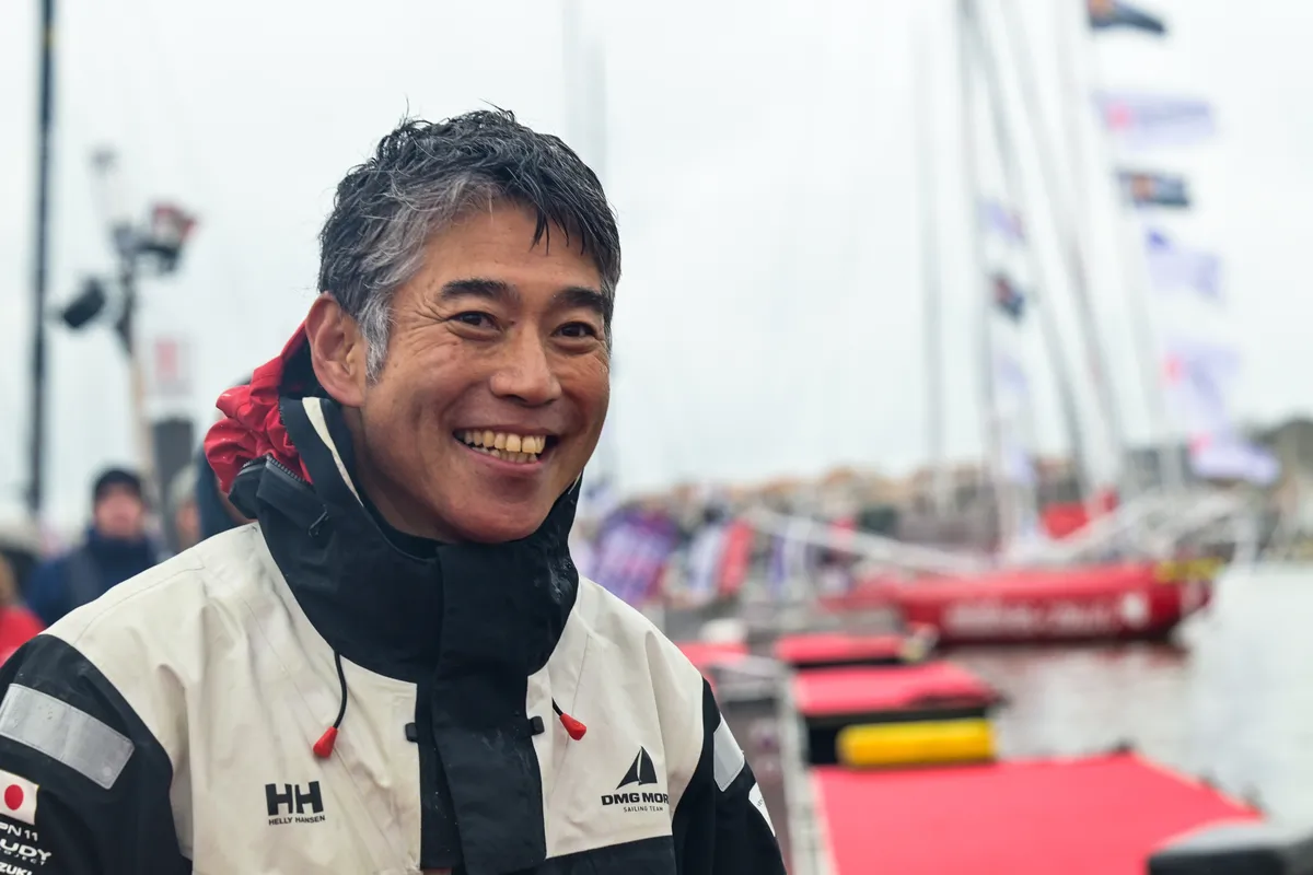 LES SABLES D'OLONNE, FRANCE - 09 FEVRIER 2025 : Le skipper de DMG MORI Global One Kojiro Shiraishi (JAP) est photographié après avoir pris la 24ème place du Vendée Globe, le 09 février 2025 aux Sables d'Olonne, France - (Photo by Olivier Blanchet / Alea)
