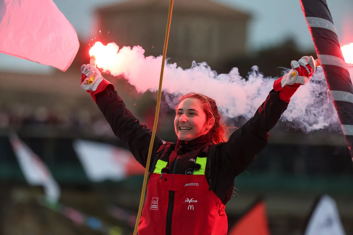 LES SABLES D’OLONNE, FRANCE - FEBRUARY 09, 2025 : DeVenir skipper Violette Dorange (FRA) is celebrating after taking 25th place in the Vendee Globe, on February 09, 2025 in Les Sables d'Olonne, France - (Photo by Jean-Marie Liot / Alea)
