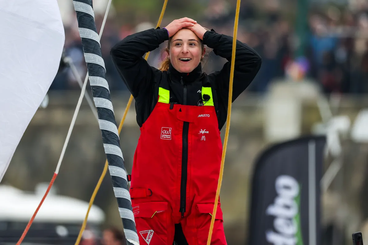LES SABLES D’OLONNE, FRANCE - FEBRUARY 09, 2025 : DeVenir skipper Violette Dorange (FRA) is photographed in the channel after taking 25th place in the Vendee Globe, on February 09, 2025 in Les Sables d'Olonne, France - (Photo by Jean-Marie Liot / Alea)