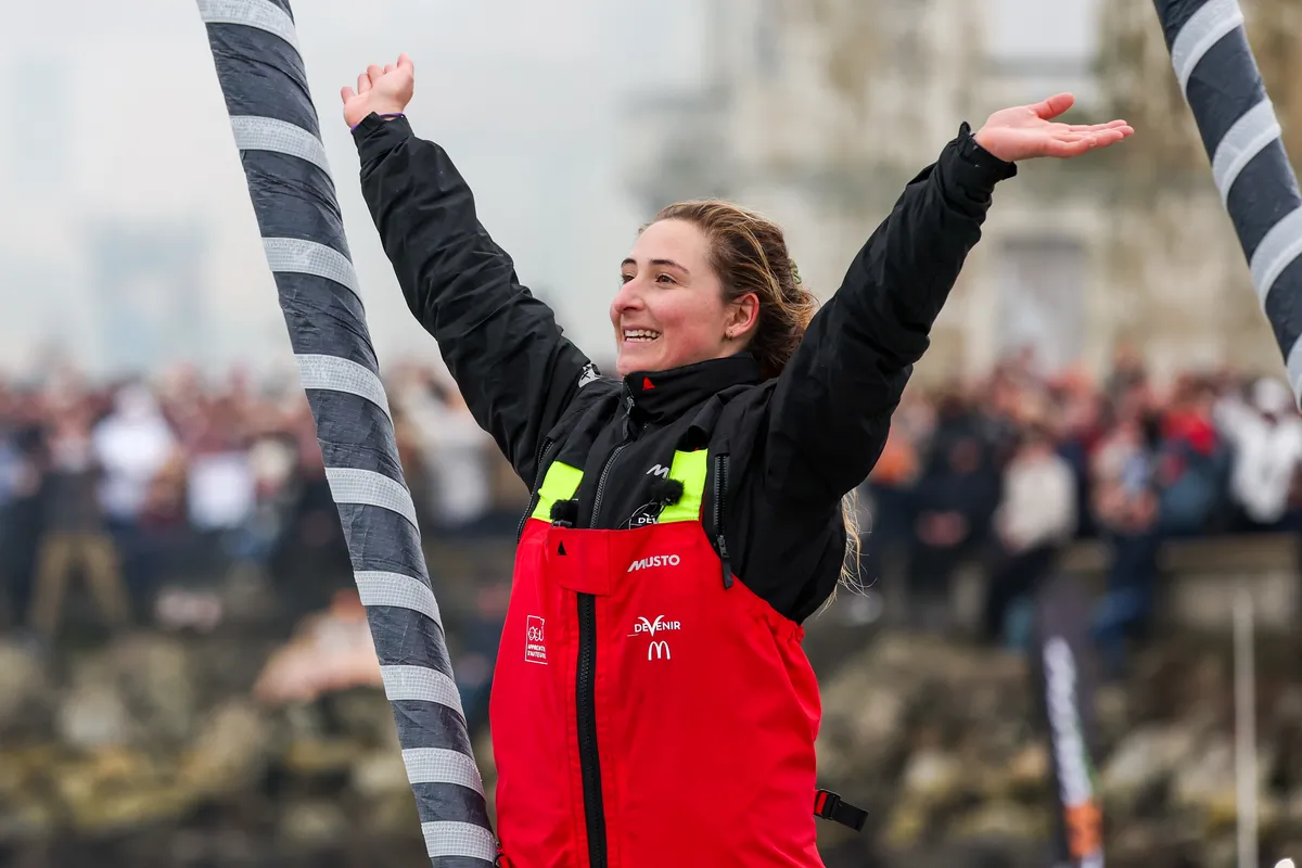 LES SABLES D’OLONNE, FRANCE - FEBRUARY 09, 2025 : DeVenir skipper Violette Dorange (FRA) is photographed in the channel after taking 25th place in the Vendee Globe, on February 09, 2025 in Les Sables d'Olonne, France - (Photo by Jean-Marie Liot / Alea)