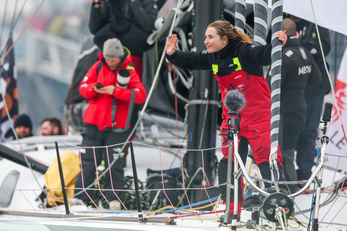 LES SABLES D’OLONNE, FRANCE - FEBRUARY 09, 2025 : DeVenir skipper Violette Dorange (FRA) is photographed in the channel after taking 25th place in the Vendee Globe, on February 09, 2025 in Les Sables d'Olonne, France - (Photo by Jean-Marie Liot / Alea)