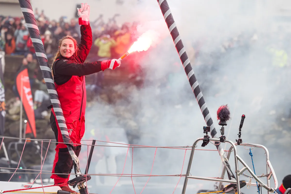 LES SABLES D’OLONNE, FRANCE - FEBRUARY 09, 2025 : DeVenir skipper Violette Dorange (FRA) is photographed in the channel after taking 25th place in the Vendee Globe, on February 09, 2025 in Les Sables d'Olonne, France - (Photo by Jean-Marie Liot / Alea)