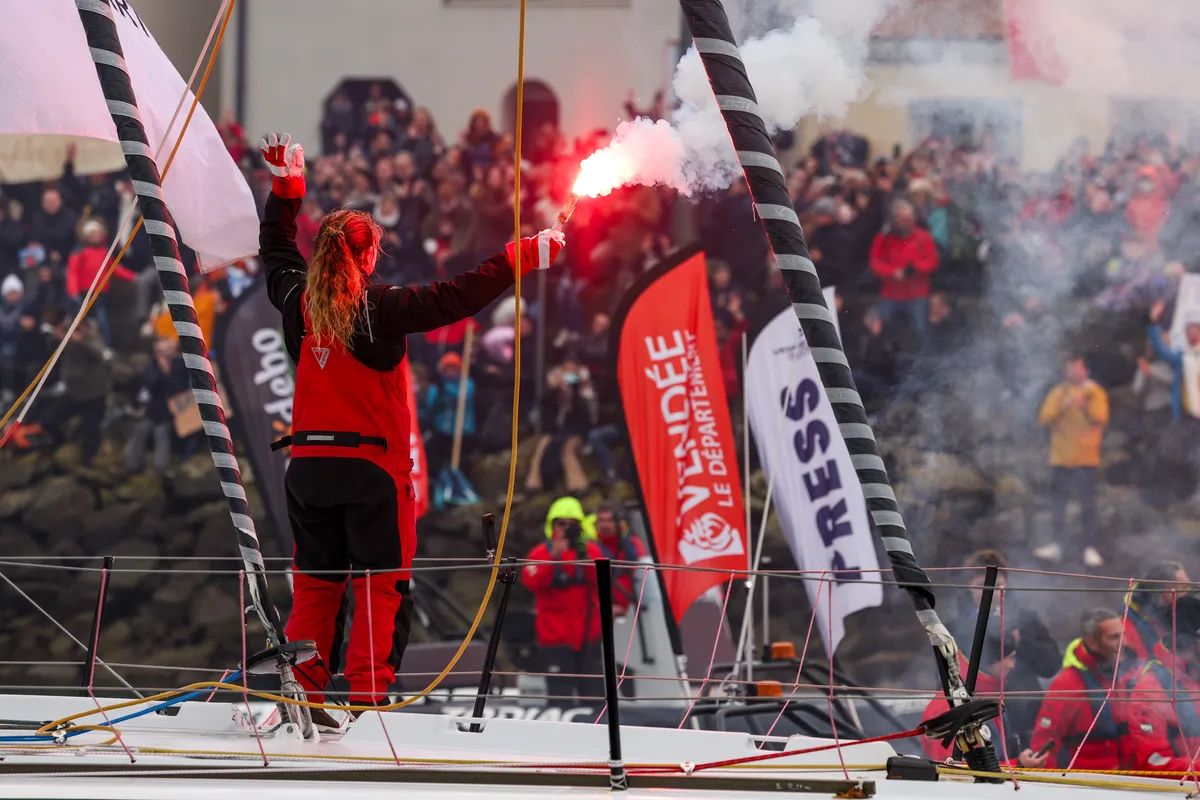 LES SABLES D’OLONNE, FRANCE - FEBRUARY 09, 2025 : DeVenir skipper Violette Dorange (FRA) is photographed in the channel after taking 25th place in the Vendee Globe, on February 09, 2025 in Les Sables d'Olonne, France - (Photo by Jean-Marie Liot / Alea)