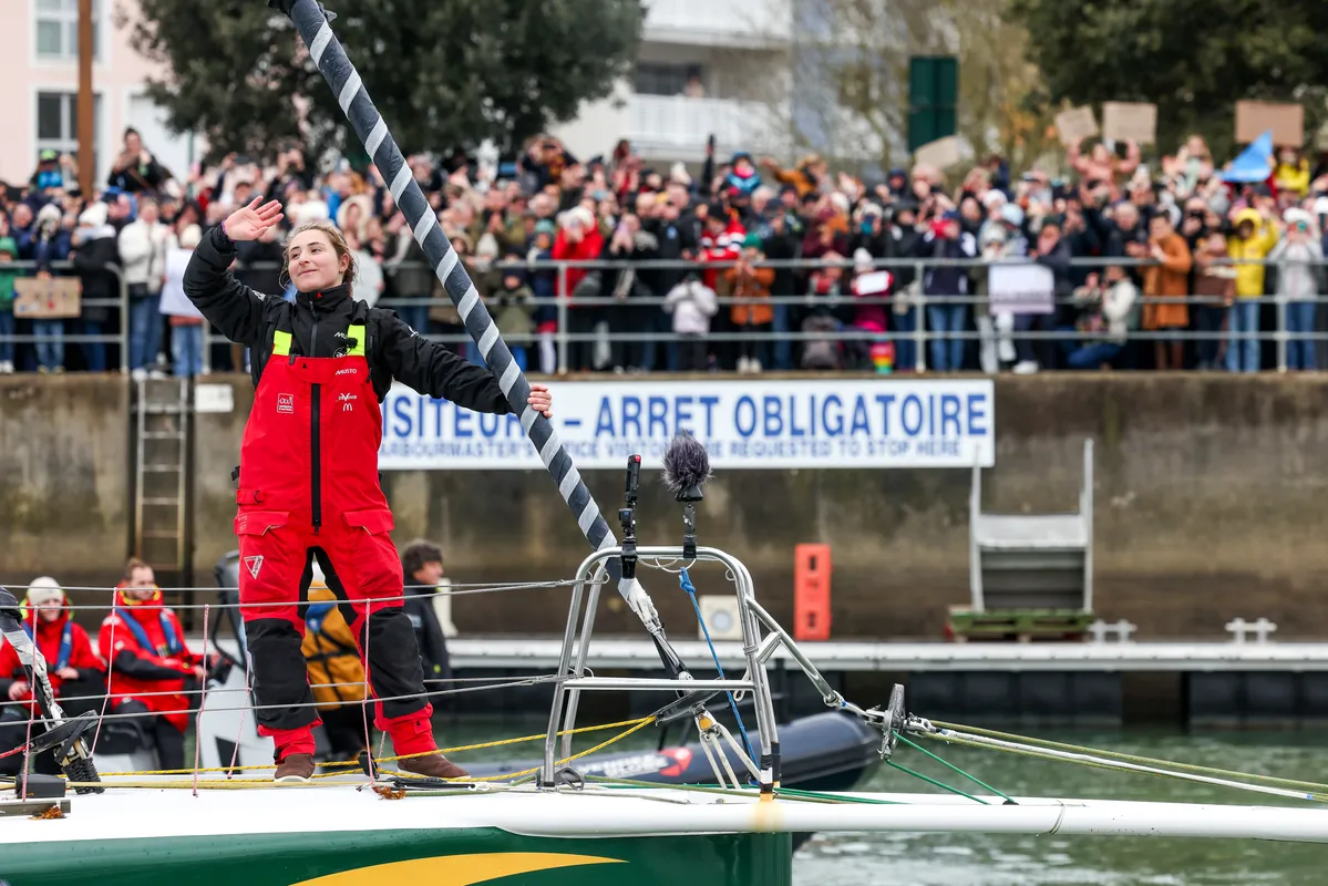 LES SABLES D’OLONNE, FRANCE - FEBRUARY 09, 2025 : DeVenir skipper Violette Dorange (FRA) is photographed in the channel after taking 25th place in the Vendee Globe, on February 09, 2025 in Les Sables d'Olonne, France - (Photo by Jean-Marie Liot / Alea)