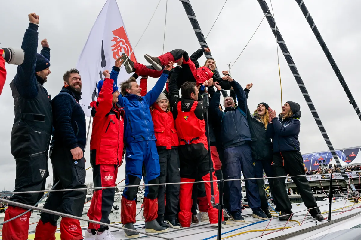 LES SABLES D’OLONNE, FRANCE - FEBRUARY 09, 2025 : DeVenir skipper Violette Dorange (FRA) is photographed in the channel after taking 25th place in the Vendee Globe, on February 09, 2025 in Les Sables d'Olonne, France - (Photo by Olivier Blanchet / Alea)