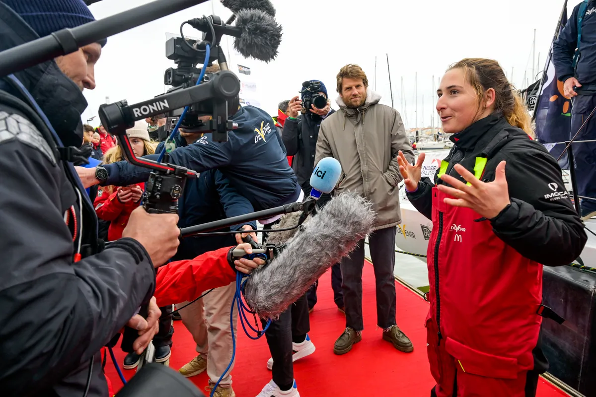 LES SABLES D’OLONNE, FRANCE - FEBRUARY 09, 2025 : DeVenir skipper Violette Dorange (FRA) is photographed in the channel after taking 25th place in the Vendee Globe, on February 09, 2025 in Les Sables d'Olonne, France - (Photo by Olivier Blanchet / Alea)
