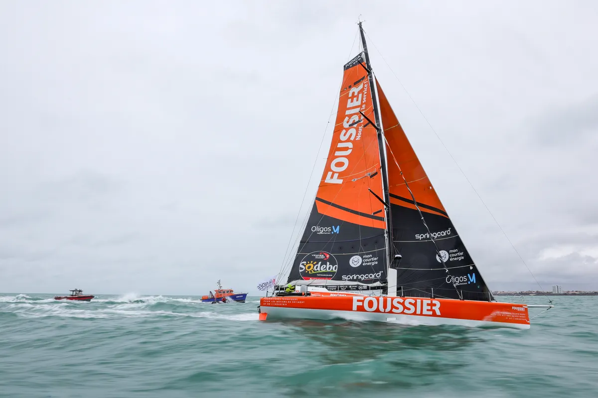 LES SABLES D’OLONNE, FRANCE - FEBRUARY 09, 2025 : FOUSSIER skipper Sébastien Marsset (FRA) is photographed after taking 27th place in the Vendee Globe, on February 09, 2025 in Les Sables d'Olonne, France - (Photo by Jean-Marie Liot / Alea)