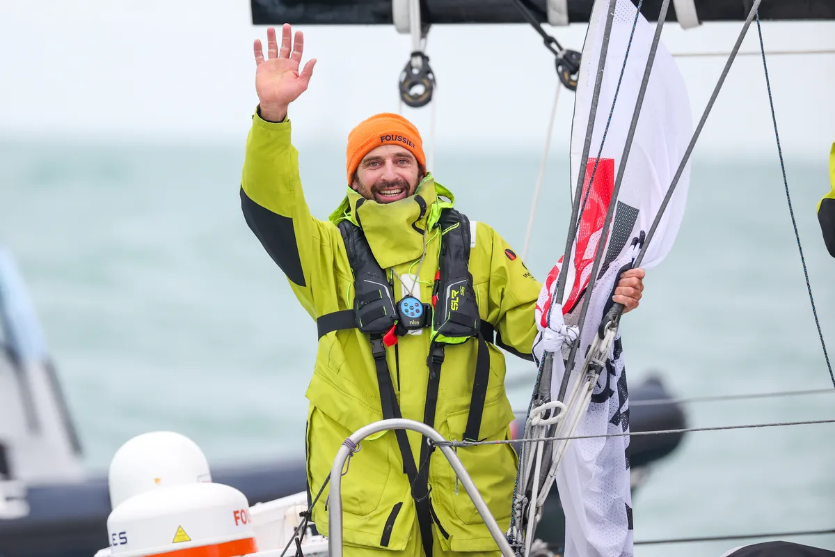 LES SABLES D’OLONNE, FRANCE - FEBRUARY 09, 2025 : FOUSSIER skipper Sébastien Marsset (FRA) is photographed after taking 27th place in the Vendee Globe, on February 09, 2025 in Les Sables d'Olonne, France - (Photo by Jean-Marie Liot / Alea)