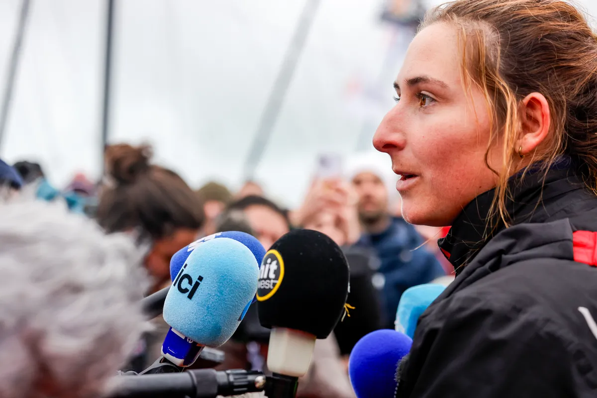 LES SABLES D’OLONNE, FRANCE - FEBRUARY 09, 2025 : DeVenir skipper Violette Dorange (FRA) is photographed after taking 25th place in the Vendee Globe, on February 09, 2025 in Les Sables d'Olonne, France - (Photo by Anne Beauge / Alea)