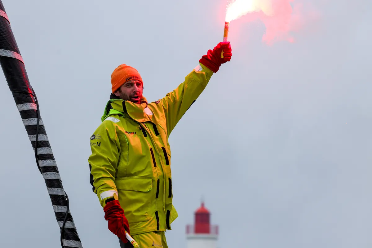 LES SABLES D’OLONNE, FRANCE - FEBRUARY 09, 2025 : FOUSSIER skipper Sébastien Marsset (FRA) is in the channel photographed after taking 27th place in the Vendee Globe, on February 09, 2025 in Les Sables d'Olonne, France - (Photo by Jean-Marie Liot / Alea)