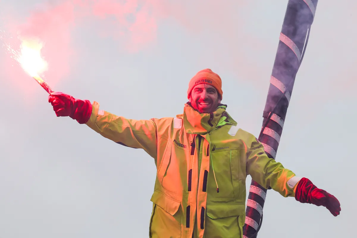 LES SABLES D’OLONNE, FRANCE - FEBRUARY 09, 2025 : FOUSSIER skipper Sébastien Marsset (FRA) is in the channel photographed after taking 27th place in the Vendee Globe, on February 09, 2025 in Les Sables d'Olonne, France - (Photo by Jean-Marie Liot / Alea)