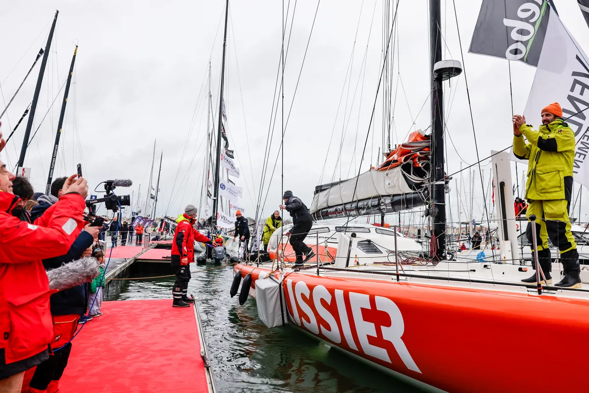 LES SABLES D’OLONNE, FRANCE - FEBRUARY 09, 2025 : FOUSSIER skipper Sébastien Marsset (FRA) is in the channel photographed after taking 27th place in the Vendee Globe, on February 09, 2025 in Les Sables d'Olonne, France - (Photo by Anne Beauge / Alea)