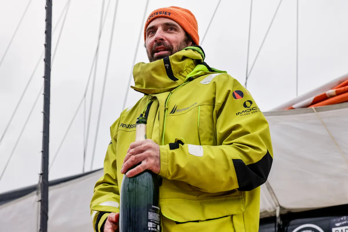 LES SABLES D’OLONNE, FRANCE - FEBRUARY 09, 2025 : FOUSSIER skipper Sébastien Marsset (FRA) is in the channel photographed after taking 27th place in the Vendee Globe, on February 09, 2025 in Les Sables d'Olonne, France - (Photo by Anne Beauge / Alea)