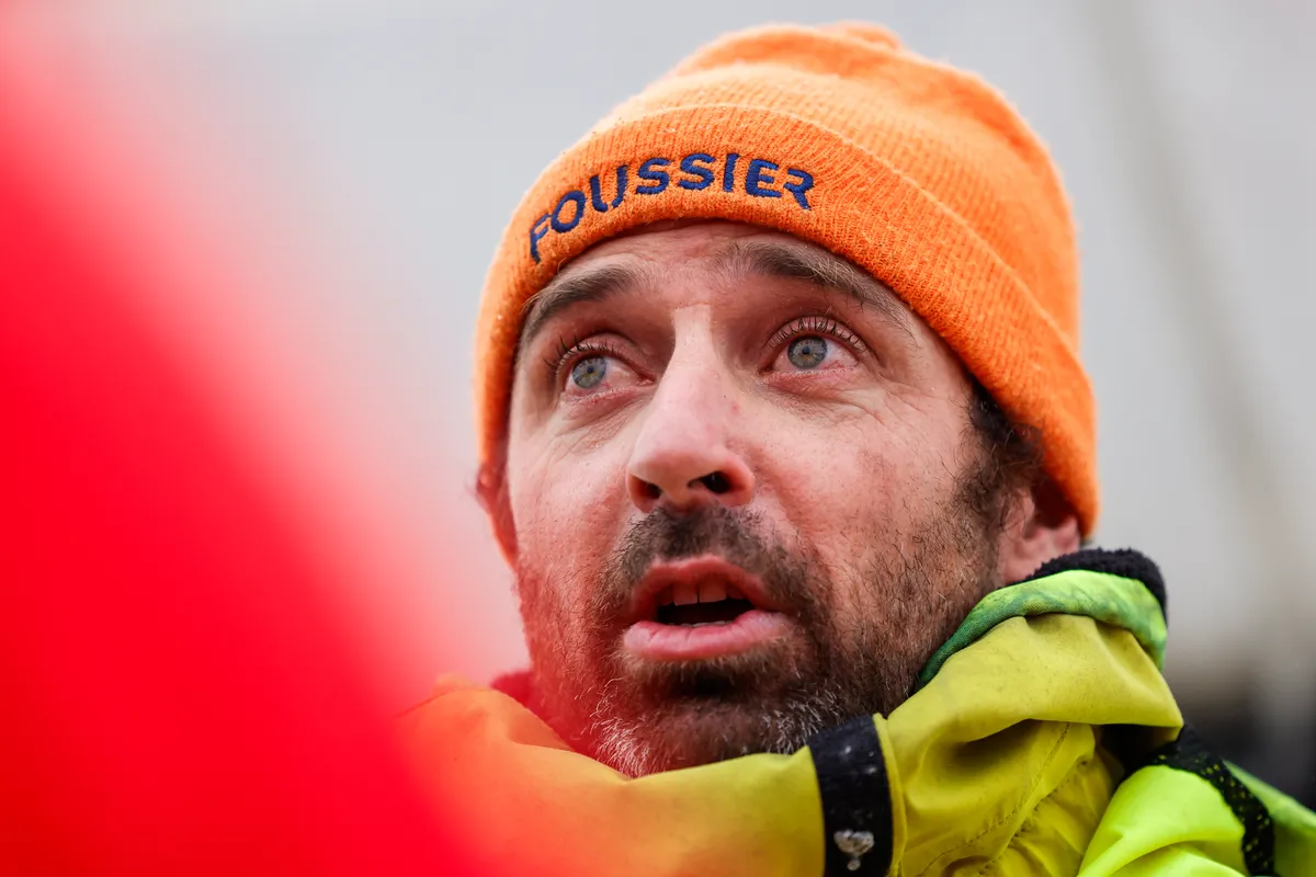 LES SABLES D’OLONNE, FRANCE - FEBRUARY 09, 2025 : FOUSSIER skipper Sébastien Marsset (FRA) is in the channel photographed after taking 27th place in the Vendee Globe, on February 09, 2025 in Les Sables d'Olonne, France - (Photo by Anne Beauge / Alea)