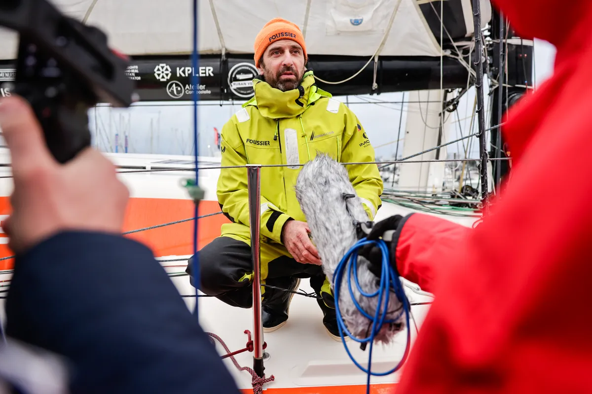 LES SABLES D’OLONNE, FRANCE - FEBRUARY 09, 2025 : FOUSSIER skipper Sébastien Marsset (FRA) is in the channel photographed after taking 27th place in the Vendee Globe, on February 09, 2025 in Les Sables d'Olonne, France - (Photo by Anne Beauge / Alea)