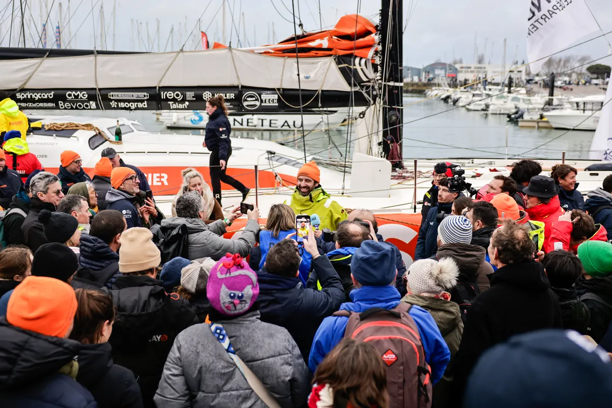 LES SABLES D’OLONNE, FRANCE - FEBRUARY 09, 2025 : FOUSSIER skipper Sébastien Marsset (FRA) is in the channel photographed after taking 27th place in the Vendee Globe, on February 09, 2025 in Les Sables d'Olonne, France - (Photo by Anne Beauge / Alea)