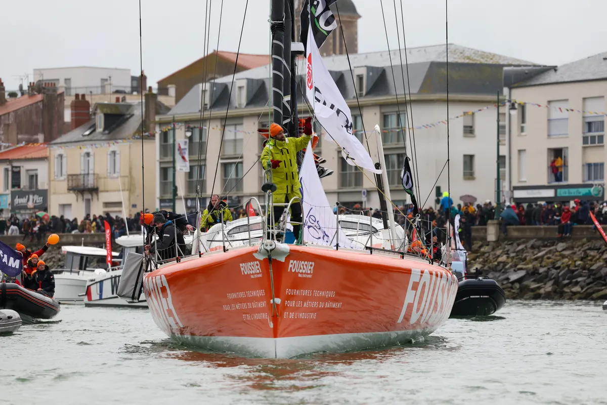 LES SABLES D’OLONNE, FRANCE - FEBRUARY 09, 2025 : FOUSSIER skipper Sébastien Marsset (FRA) is photographed after taking 27th place in the Vendee Globe, on February 09, 2025 in Les Sables d'Olonne, France - (Photo by Jean-Marie Liot / Alea)