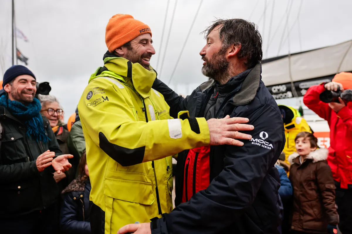 LES SABLES D’OLONNE, FRANCE - FEBRUARY 09, 2025 : FOUSSIER skipper Sébastien Marsset (FRA) and Fives Group - Lantana Environnement skipper Louis Duc (FRA) are photographed after taking 27th & 26th place in the Vendee Globe, on February 09, 2025 in Les Sables d'Olonne, France - (Photo by Anne Beauge / Alea)