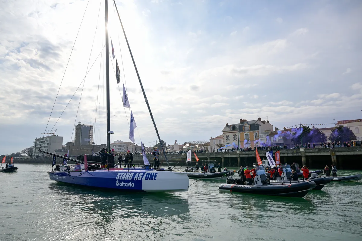 LES SABLES D’OLONNE, FRANCE - FEBRUARY 12, 2025 : STAND AS ONE - Altavia skipper Eric Bellion (FRA) is photographed after finishing the Vendee Globe off-race, on February 12, 2025 in Les Sables d'Olonne, France - (Photo by Olivier Blanchet / Alea)