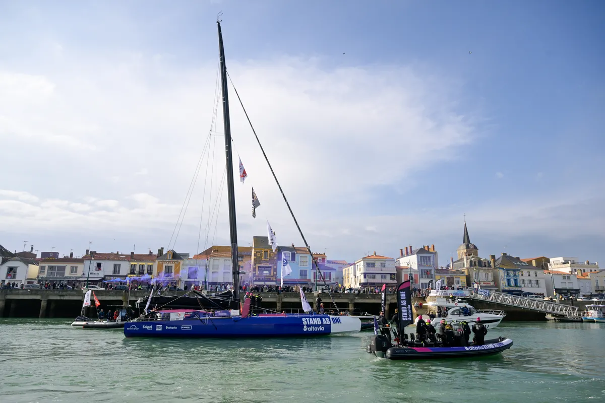LES SABLES D’OLONNE, FRANCE - FEBRUARY 12, 2025 : STAND AS ONE - Altavia skipper Eric Bellion (FRA) is photographed after finishing the Vendee Globe off-race, on February 12, 2025 in Les Sables d'Olonne, France - (Photo by Olivier Blanchet / Alea)
