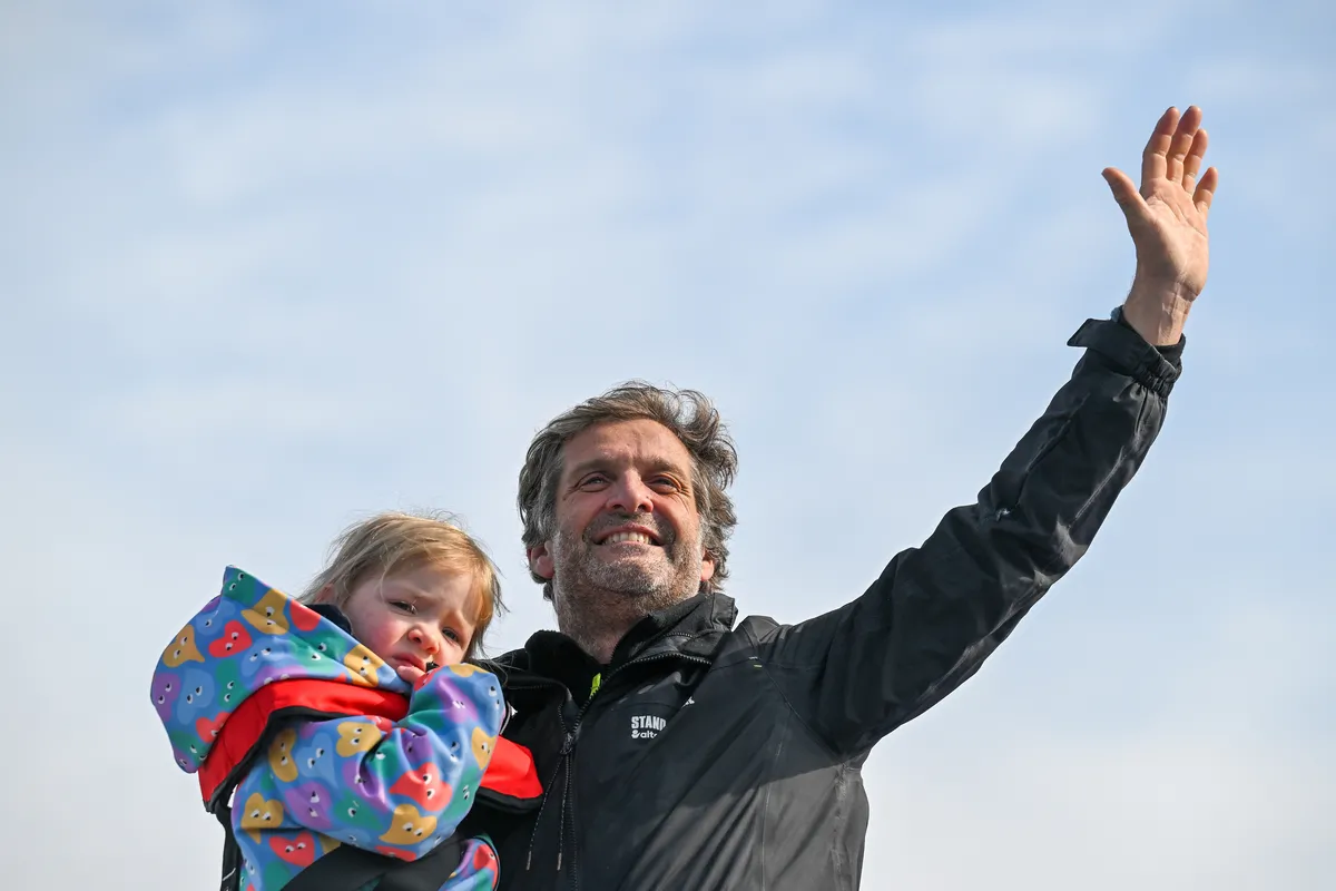LES SABLES D’OLONNE, FRANCE - FEBRUARY 12, 2025 : STAND AS ONE - Altavia skipper Eric Bellion (FRA) is photographed after finishing the Vendee Globe off-race, on February 12, 2025 in Les Sables d'Olonne, France - (Photo by Vincent Curutchet / Alea)