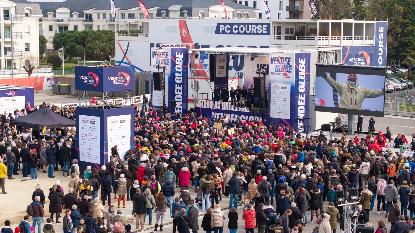 LES SABLES D’OLONNE, FRANCE - FEBRUARY 12, 2025 : STAND AS ONE - Altavia skipper Eric Bellion (FRA) is photographed with the music band "Skip The Use" on stage after finishing the Vendee Globe off-race, on February 12, 2025 in Les Sables d'Olonne, France - (Photo by Fred Olivier / Nefsea / Alea)