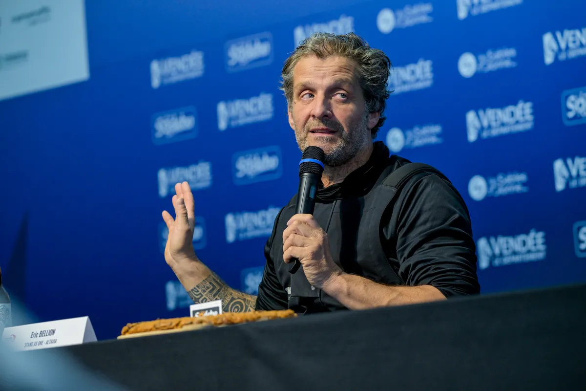 LES SABLES D’OLONNE, FRANCE - FEBRUARY 12, 2025 : STAND AS ONE - Altavia skipper Eric Bellion (FRA) is photographed during his press conference after finishing the Vendee Globe off-race, on February 12, 2025 in Les Sables d'Olonne, France - (Photo by Fred Olivier / Nefsea / Alea)