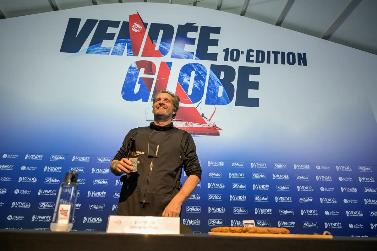 LES SABLES D’OLONNE, FRANCE - FEBRUARY 12, 2025 : STAND AS ONE - Altavia skipper Eric Bellion (FRA) is photographed during his press conference after finishing the Vendee Globe off-race, on February 12, 2025 in Les Sables d'Olonne, France - (Photo by Fred Olivier / Nefsea / Alea)